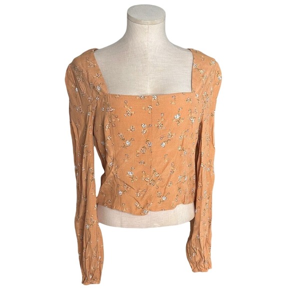Unbranded Tops - Womens Floral Square Neck Corset‎ Style Blouse Smocked Back Terracotta Orange